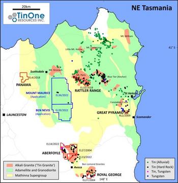 TinOne Reports Historical Samples with Lithium up to 0.26% Li2O at Its Rattler Range Tin Project, Tasmania, Australia: https://www.irw-press.at/prcom/images/messages/2023/69470/2023-02-28TinOneRattlerRangeLithium_PRcom.002.jpeg