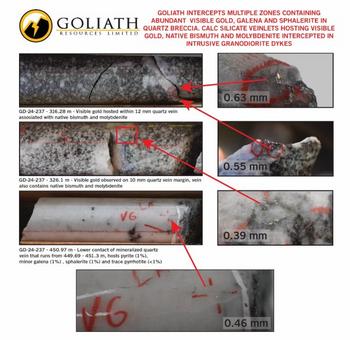 Goliath Intercepts 4 Zones Totaling 105 Meters Containing Abundant Visible Gold, Galena, Sphalerite, Molybdenite, Bismuth In Breccia, Stockwork And Porphyritic Intrusive Dyke – Remains Wide Open – Surebet, Golden Triangle B.C.: https://www.irw-press.at/prcom/images/messages/2024/76313/Goliath_July222024_PRcom.002.jpeg