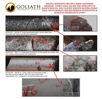 Goliath durchteuft in der Zielzone Surebet vier Zonen mit insgesamt 105 Meter einer nach wie vor offenen Mineralisierung mit reichlich sichtbarem Gold, Bleiglanz, Sphalerit, Molybdänit und Wismut in Brekzien: https://www.irw-press.at/prcom/images/messages/2024/76313/07_22_24July22GoliathVisibleGold_DE_Prcom.002.jpeg