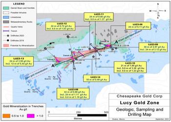 Chesapeake gibt neue Goldentdeckung bei Projekt Lucy bekannt - Bohrungen ergeben 6,1 g/t Gold auf 24 m ab Oberfläche: https://www.irw-press.at/prcom/images/messages/2023/72142/ChesapeakeGold_031023_DEPRCOM.001.jpeg