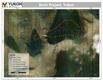 Yukon Metals meldet positive Ergebnisse aus seinem Konzessionsgebiet Birch von bis zu 14,1 g/t Gold und 4.260 ppm Kupfer aus oberflächennahen Gesteinssplittern sowie Bodenproben mit bis zu 0,99 g/t Gold: https://www.irw-press.at/prcom/images/messages/2024/76712/YMC_090324_DEPRcom.002.png