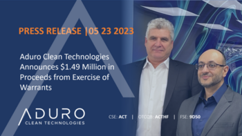 Aduro Clean Technologies Announces $1.49 Million in Proceeds from Exercise of Warrants: https://www.irw-press.at/prcom/images/messages/2023/70645/ACTAnnouncesAnnouncesProceedsfromExerciseofWarrants_PRCOM.001.png