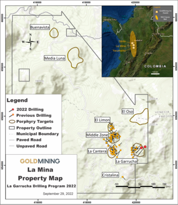 GoldMining durchschneidet 118 m mit 1,01 g/T AuEq auf La Garrucha Ziel im La Mina Projekt in Kolumbien: https://www.irw-press.at/prcom/images/messages/2022/67630/29092022_DE_GoldMining.001.png