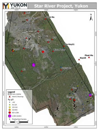 Proben von Yukon Metals mit über 10.000 g/t Ag – Mehrere Proben mit über 1.500 g/t Ag und bis zu 6,9 g/t Au bei Star River: https://ml.globenewswire.com/Resource/Download/8ca519d9-b4ba-4c26-9bc7-8045062b2ab7/image6.png