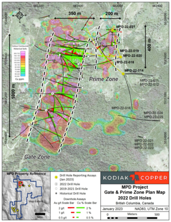 Kodiak Reports Additional Results from Gate and Prime Zones, including 0.41% CuEq over 177 m within 0.31% CuEq over 358 m: https://www.irw-press.at/prcom/images/messages/2023/68954/2023-01-23MPDDrillResults_en_PRcom.001.png