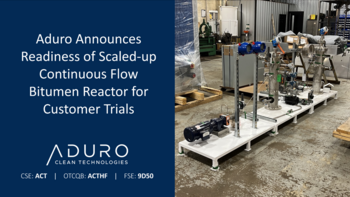 Aduro kündigt Bereitstellung eines erweiterten Bitumenreaktors mit kontinuierlichem Durchfluss für Kundenversuche an: https://ml.globenewswire.com/Resource/Download/da61ff2d-5753-43b1-8a7e-edbcd5327852