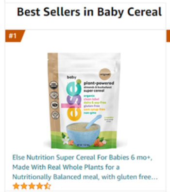 Else Super Cereal Reaches #1 Best Seller Rank on Amazon.com in Baby Cereal Category: https://www.irw-press.at/prcom/images/messages/2022/67474/09152022_ElseNutrtionENPRcom.001.png