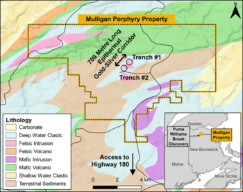 Gold Terra meldet hochgradige Probenentnahmeergebnisse entlang eines 700 Meter langen epithermalen Gold-Silber-Korridors mit bis zu 32,9 g/t Gold und 579 g/t Silber, Projekt Mulligan, New Brunswick: https://www.irw-press.at/prcom/images/messages/2022/67712/2022-10-5_GoldTerra_DE.002.png