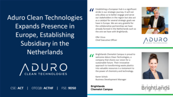 Aduro Clean Technologies Expands Presence in Europe, Establishing Subsidiary in the Netherlands: https://www.irw-press.at/prcom/images/messages/2023/70978/230615ACTEntersEUMarket_EN_PRcom.001.png