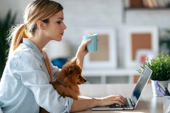 Why Chewy Stock Jumped 28% Last Month: https://g.foolcdn.com/editorial/images/782317/woman-drinks-coffee-and-looks-at-computer-with-dog-in-lap.jpg