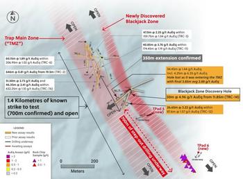 Collective Mining Extends Trap 350 Metres Along Strike and Discovers a New Zone Named Blackjack by Drilling 30 Metres at 4.96 g/t AuEq from 11.85 Metres Downhole: https://www.irw-press.at/prcom/images/messages/2024/76754/05092024_EN_CNL.001.jpeg