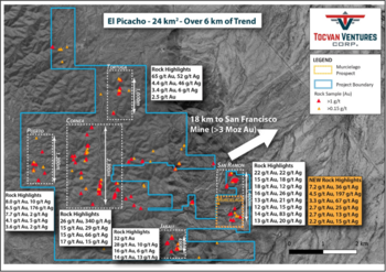 Tocvan Releases El Picacho Surface Results Identifying Undrilled Au-Ag Target Zone Over 450-meter Trend Highlighted By: 7.2 g/t Au and 36 g/t Ag; 4.5 g/t Au and 197 g/t Ag; and 3.3 g/t Au and 67 g/t Ag: https://www.irw-press.at/prcom/images/messages/2022/66571/TOC_070622_ENPRcom.001.png