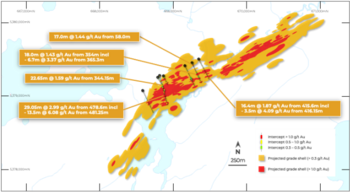 Goldshore Intersects 29.05m @ 2.99 g/t Au in 100m Down-dip Step-out: https://www.irw-press.at/prcom/images/messages/2022/67380/2022.09.09-GSHRConfirmsHighGradeMineralizationinthePRcom.002.png