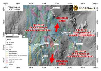 Juggernaut Drills Multiple Broad Intervals of Strong Sulphide Mineralization up to 71.93 Meters - Midas Property, Golden Triangle, B.C.: https://www.irw-press.at/prcom/images/messages/2023/71936/Juggernaut_120923_ENPRcom.001.jpeg