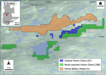 Victory Acquires New Property in James Bay Lithium District Adjacent to Patriot Battery Metals Corvette Property: https://www.irw-press.at/prcom/images/messages/2023/69297/Victory_150223_ENPRcom.001.png